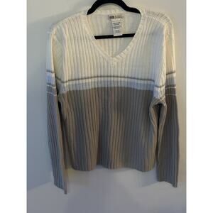 Vintage 90s Y2K Faded Glory Ribbed VNeck Sweater Missy XL(16-18) Gray Ivory Blue